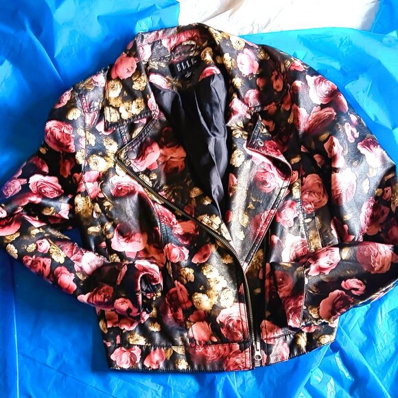 RED FLORAL VEGAN JACKET, DISTRESSED, DAMAGED, ROMANTIC GRUNGE SM. - Picture 1 of 6